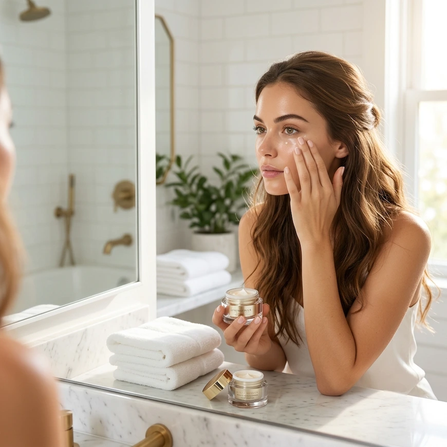 A young woman with glowing skin gently applies eye cream doing eye care while looking into a mirror in a bright, modern bathroom. She holds a luxury skincare jar over a white marble vanity.