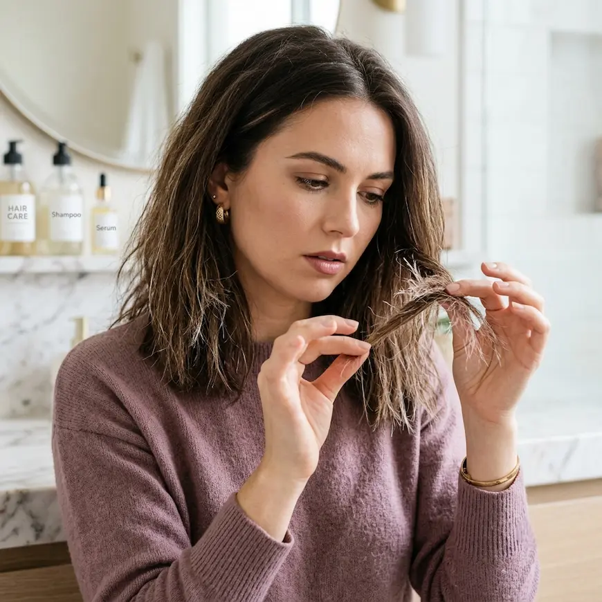 Woman inspecting damaged, split ends and hair loss after common haircare mistakes