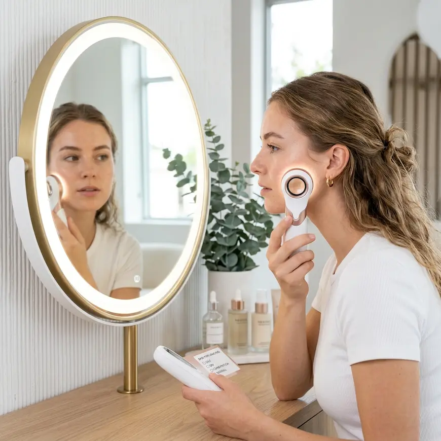 Woman testing her skin type with a magnifying dermatology tool to check for oily, dry, or combination skin