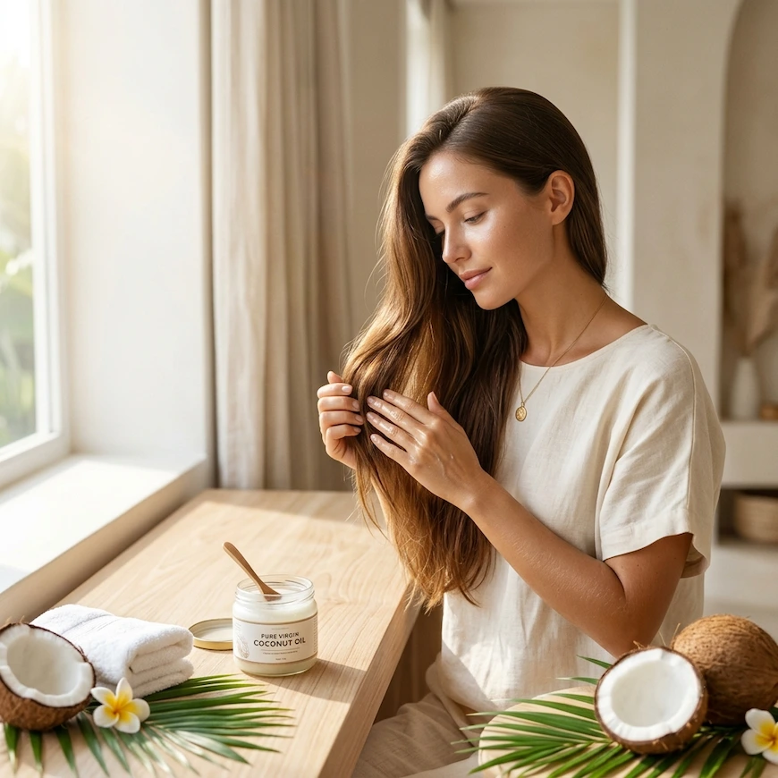 A young woman in a beige outfit applies oil to her long brown hair at a sunlit wooden table. An open jar of "PURE VIRGIN COCONUT OIL" sits nearby, surrounded by fresh coconuts, frangipani flowers, and green palm leaves.