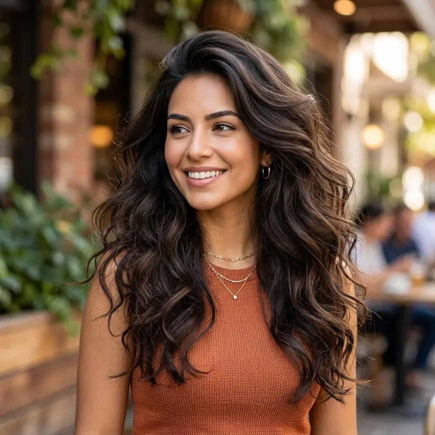 a woman in natural daylight, emphasizing the rich, wavy texture and voluminous hair