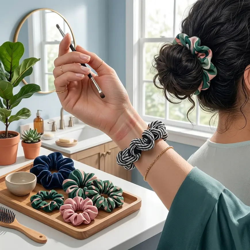 close-up of a woman's wrist with red pressure marks from a tight black-and-white hair bun ties, set in a bright bathroom. She holds a makeup brush, and her bun is visible. On the counter, a wooden tray holds other colorful scrunchies, a bowl, and a brush.
