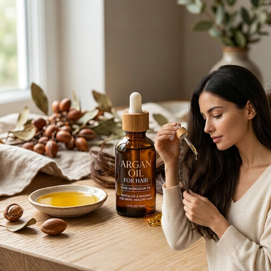 A woman applies argan oil to her dark hair with a dropper, seated at a wooden table with argan nuts, leaves, a large oil bottle, and a bowl of oil.