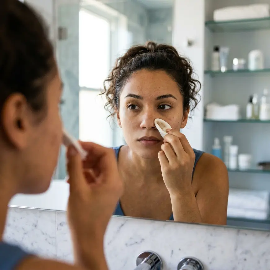 A woman looking in a bathroom mirror while applying a cotton pad to her nose, focusing on skincare. and trying to get rid of blackheads