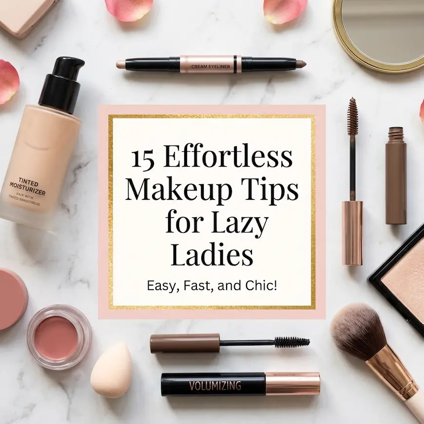 flat-lay composition on marble, showcasing easy-to-use makeup products like tinted moisturizer, a multi-stick, and brow gel - makeup tips