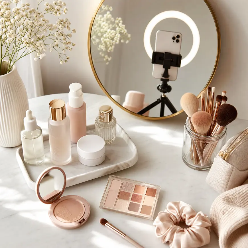 The image features a stylish vanity setup with high-end skincare, makeup brushes, and a smartphone on a tripod, capturing the essence of a "Get Ready With Me" (GRWM) session