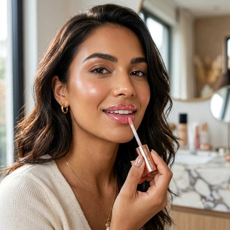 A close-up of a smiling woman with wavy dark hair applying a high-shine, glossy pink lip glosses using a wand applicator in a modern bathroom setting.