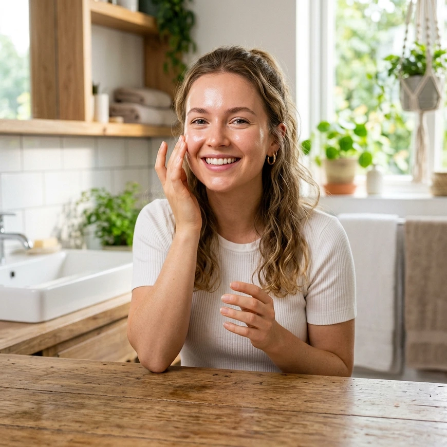 A smiling young woman in a white t-shirt having glowing skin sitting in a modern, green-filled bathroom.