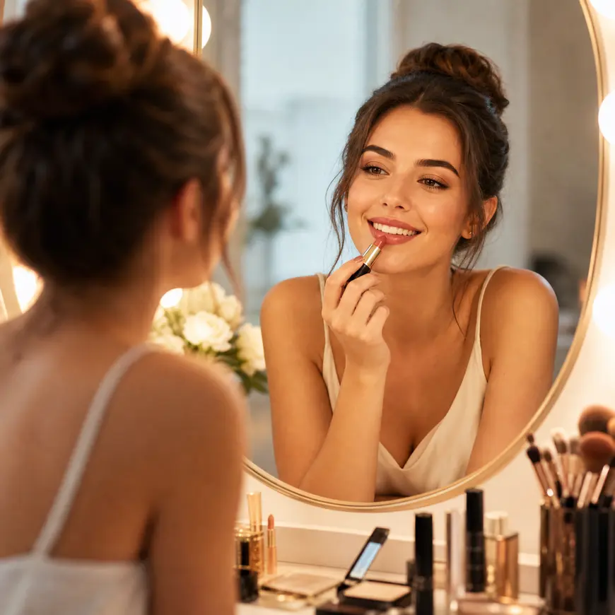 A modern and empowering image showing a confident woman smiling warmly at her reflection in a lighted vanity mirror while applying lipstick. The scene is bright and stylish, featuring a variety of high-quality makeup products on the vanity in the foreground, capturing a moment of self-care and confidence.