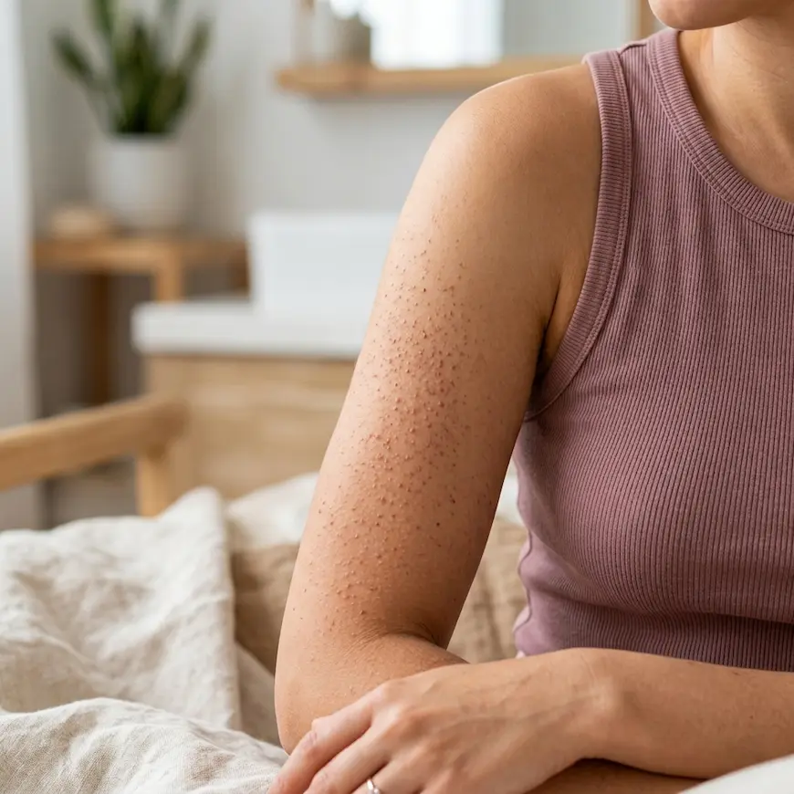 A close-up, high-angle shot of a person's upper arm showing the textured, bumpy skin characteristic of keratosis pilaris, commonly known as chicken skin, against a soft, neutral bedroom background.