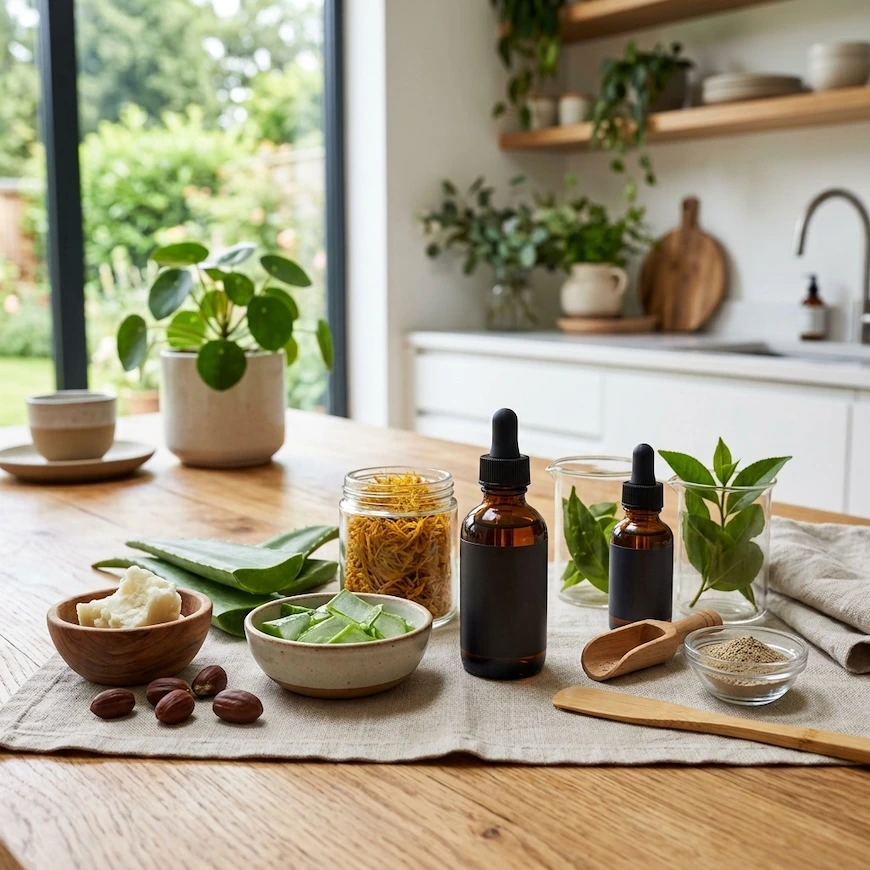 A variety of raw skincare ingredients, including shea butter, aloe vera, jojoba seeds, dried flowers, clay powder, and two blank amber dropper bottles, neatly arranged on a wooden table in a bright, modern kitchen.