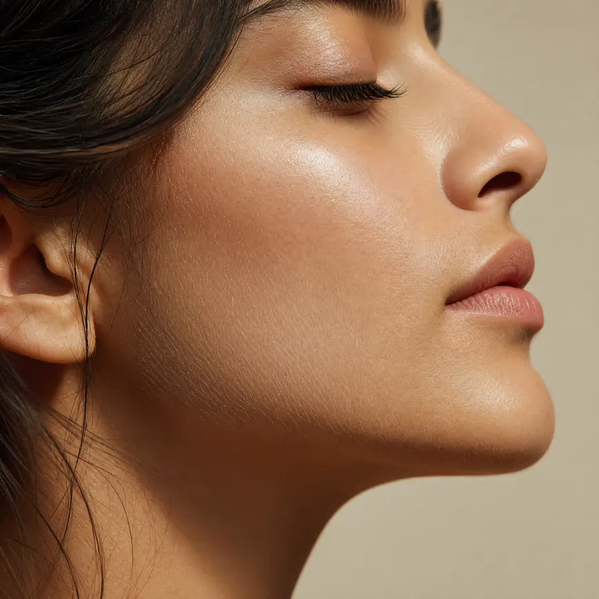 close-up of a woman's profile, showing natural and visible facial hair