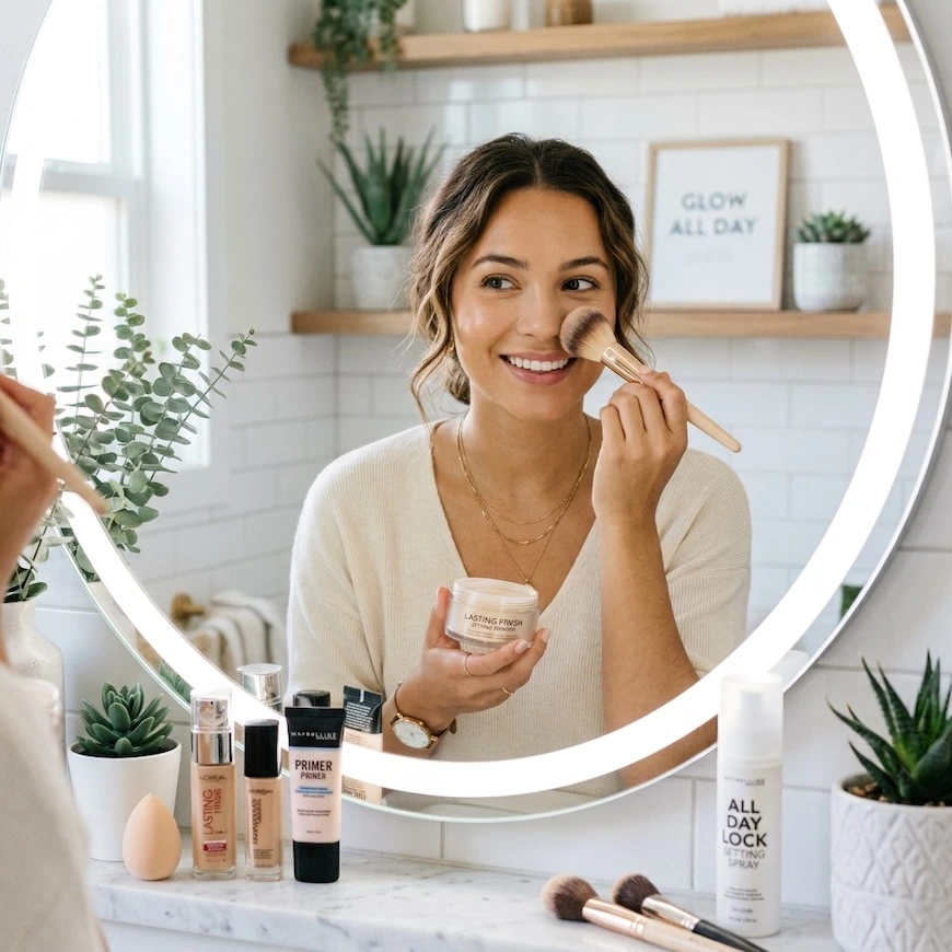 A woman smiles as she uses a brush to apply powder to her face to make foundation last all day. She holds a loose powder jar, and various makeup products are visible on the vanity.