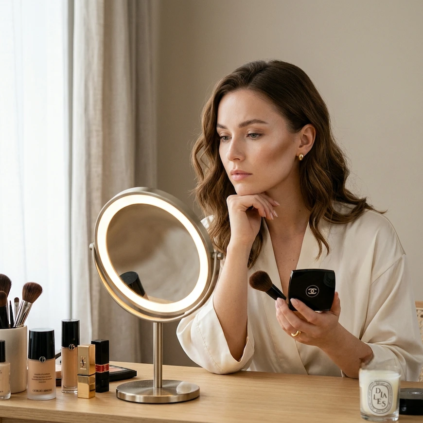 A thoughtful young woman in a cream silk robe sits at a wooden vanity table, holding a Chanel makeup compact and brush. One side of her face shows a soft contouring while the other has a natural finish.