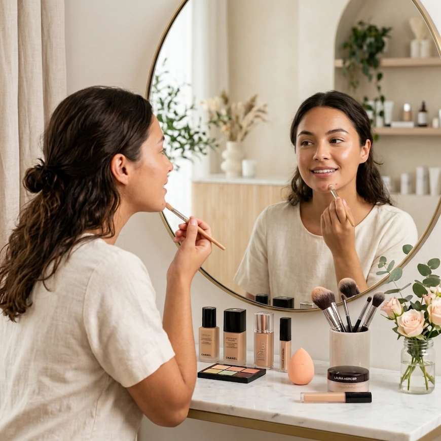 A young woman with glowing skin looks into a large round vanity mirror, using a makeup brush to apply concealer to a small blemishes on her chin. Premium cosmetics, brushes, and a beauty sponge are neatly arranged on the marble countertop before her in a bright, minimalist studio.