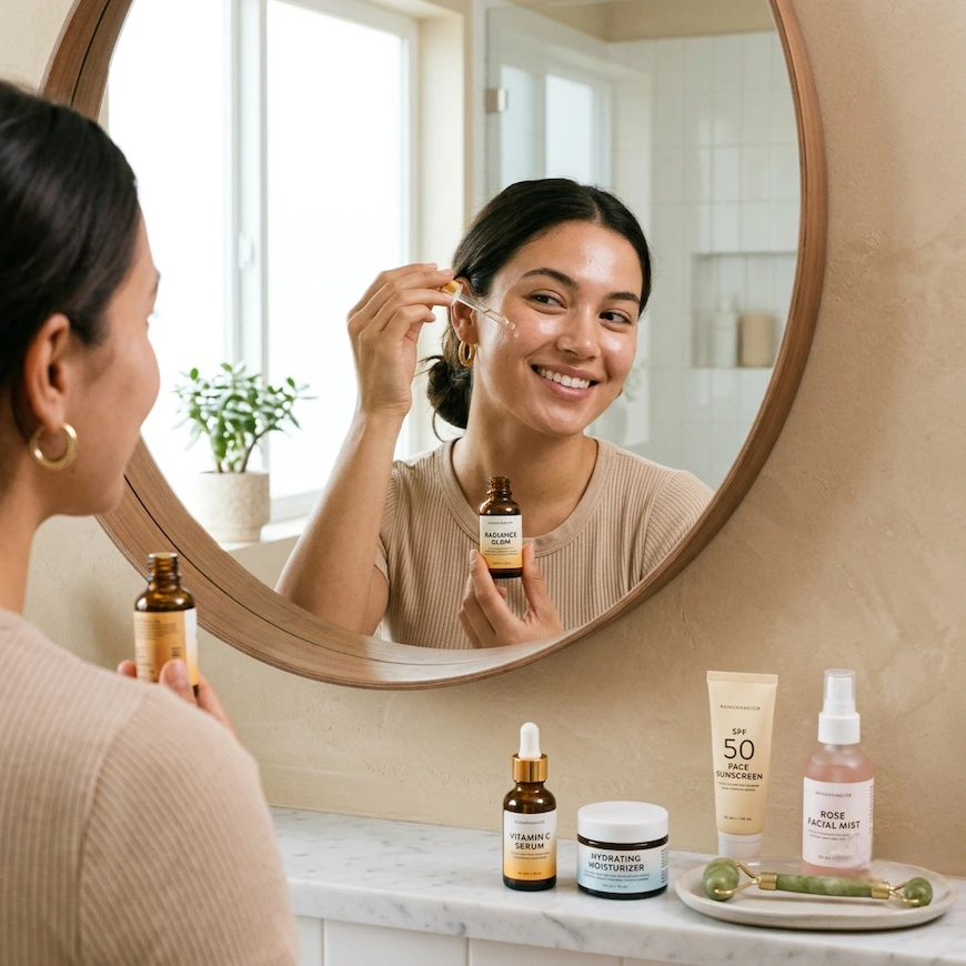 A young woman with toned skin smiles at her reflection in a round vanity mirror while applying a face serum including a vitamin C serum, moisturizer, sunscreen, facial mist, and a jade roller.