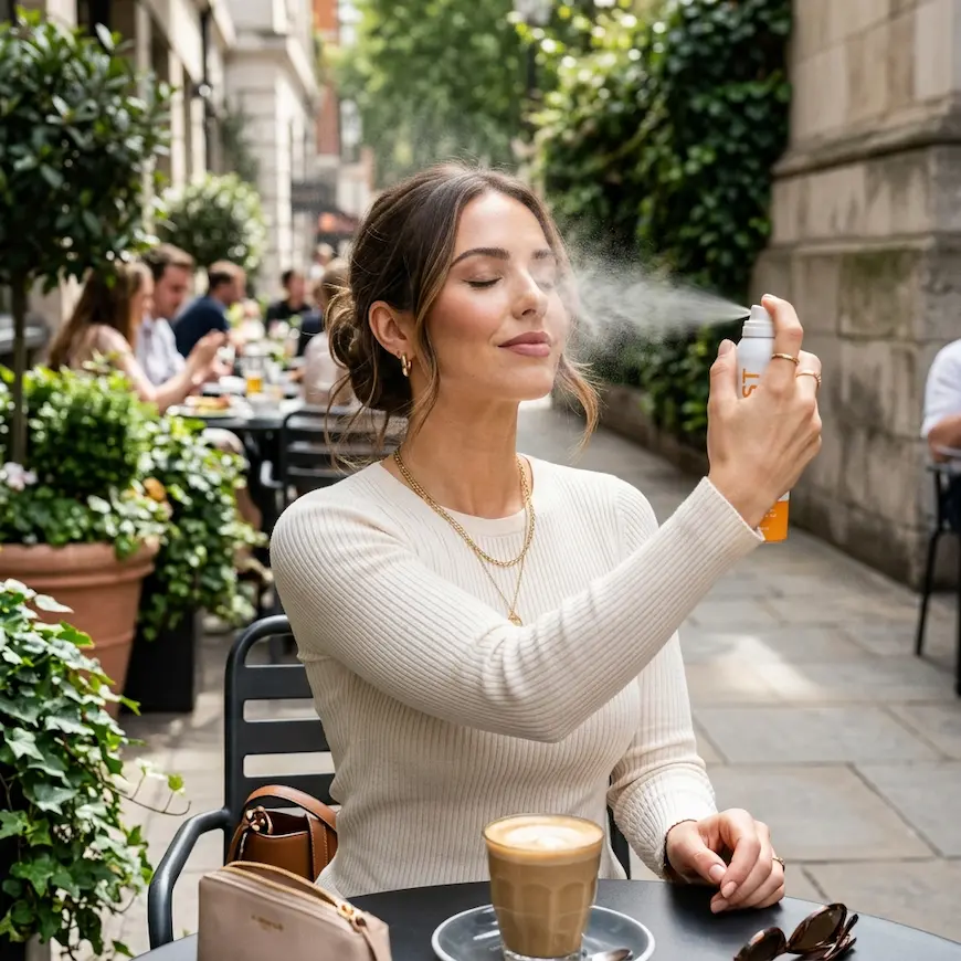 A woman sprays a fine mist from sunscreen for face bottle onto her face over her makeup