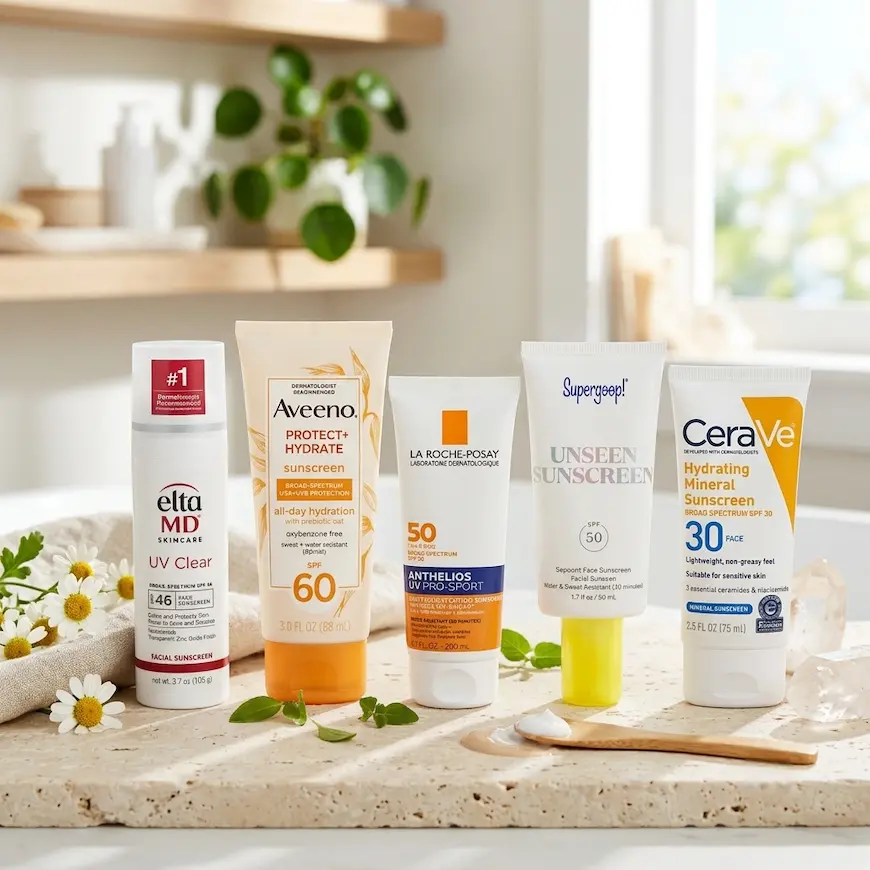 A display of best sunscreen for face arranged on a light stone countertop with fresh chamomile flowers.