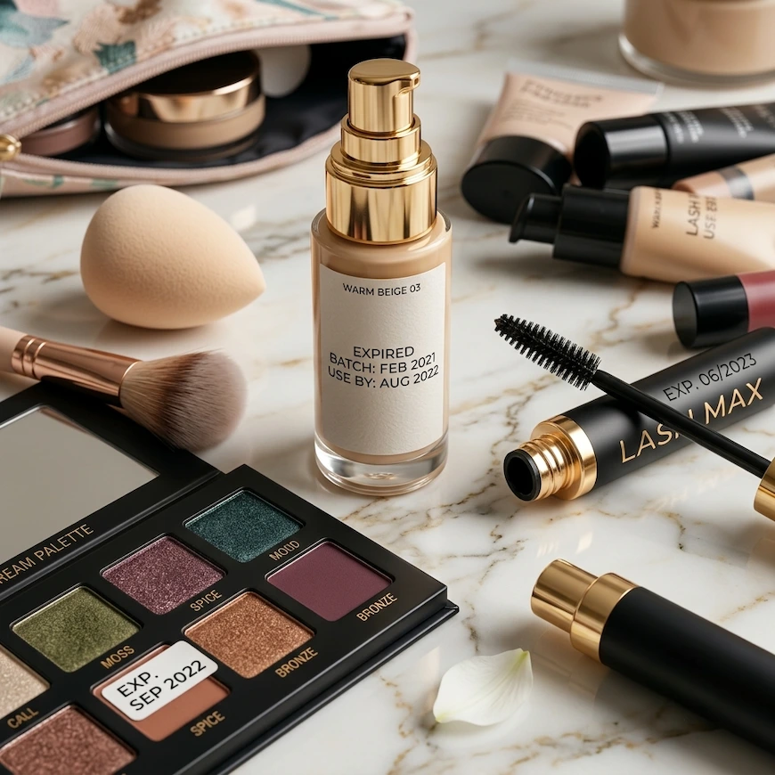 An elegant display of luxury cosmetic products with expiration date labels answering the question: does makeup expire?