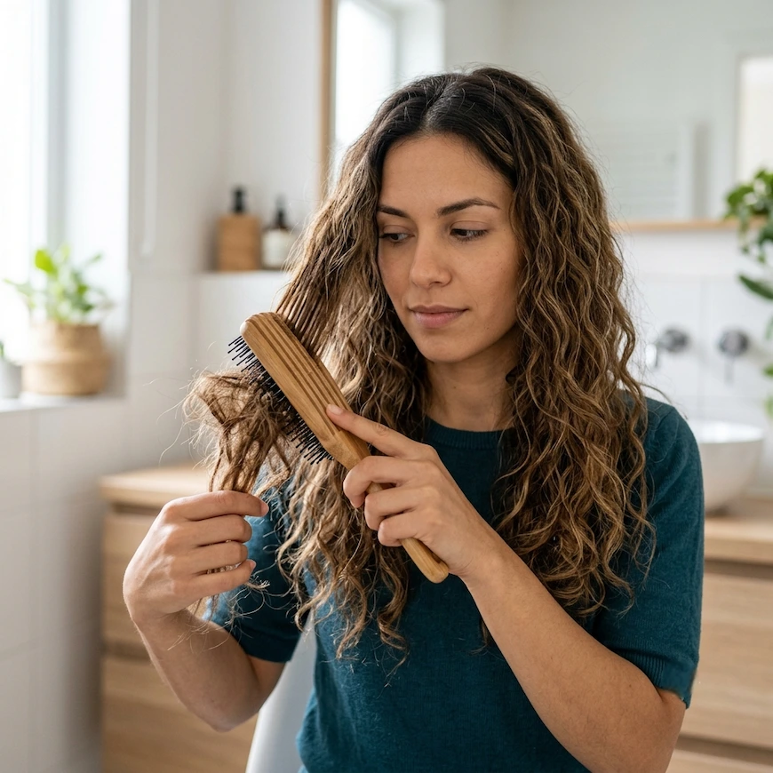A woman gently brushing through long, curly matted hair using a wooden detangling brush in a modern bathroom setup, illustrating how to detangle matted hair.