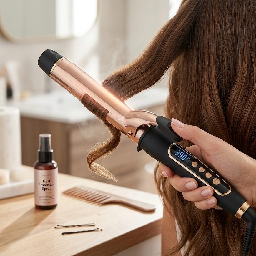 Person styling long brown hair with the best curling iron. A heat protectant spray and extra barrels are on the vanity.