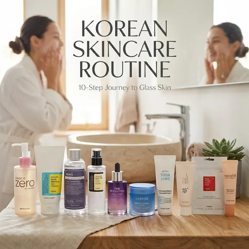 Infographic banner for a 10-step Korean skincare routine featuring a neatly arranged line of K-beauty products on a light wood bathroom counter, with overlay text reading 'Korean Skincare Routine: 10-Step Journey to Glass Skin'.