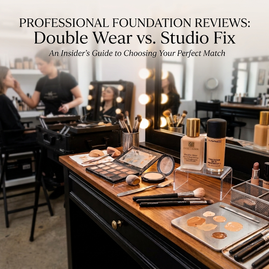 double wear vs mac studio fix Fluid foundation bottles displayed on a vanity table in a professional makeup studio setting, complete with vanity lights and makeup tools.