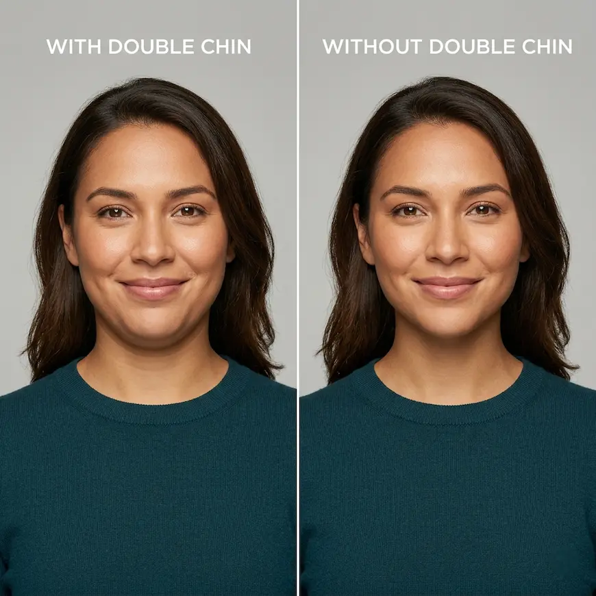 Side-by-side comparison image showing the same face with and without a double chin, illustrating how to get rid of double chin results.