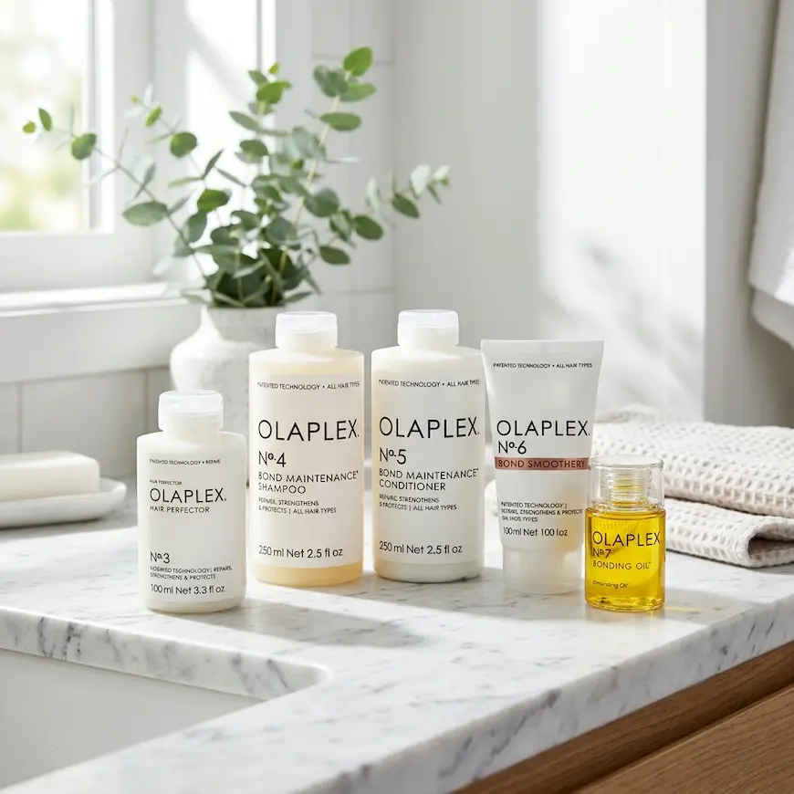 A collection of Olaplex hair care products, including No. 3 Hair Perfector, No. 4 Shampoo, No. 5 Conditioner, No. 6 Bond Smoother, and No. 7 Bonding Oil, displayed neatly on a white marble bathroom vanity alongside folded towels and a potted eucalyptus plant.