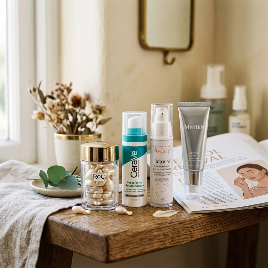A collection of top-rated retinol serums, including RoC Line Smoothing Capsules, CeraVe Resurfacing Retinol Serum, Avène Retrinal, and Medik8 Crystal Retinal, displayed on a wooden table next to an open magazine.