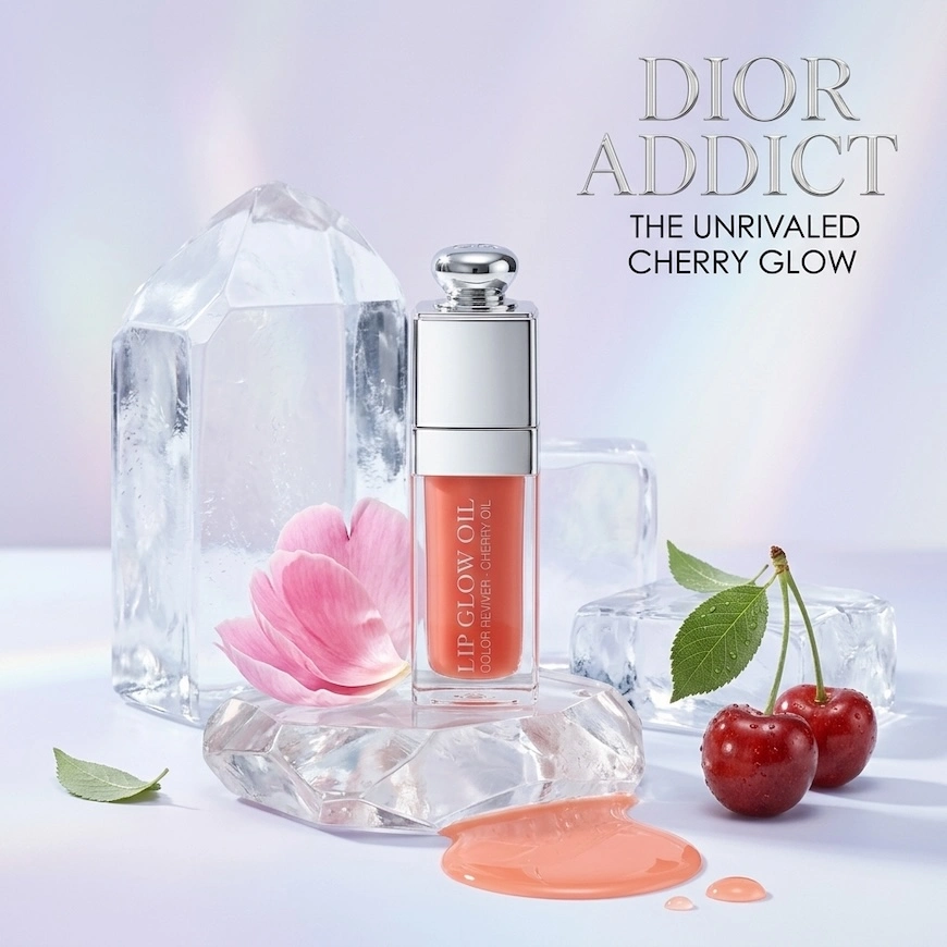 Dior Lip Oil in Cherry Reviver displayed on a crystal glass pedestal alongside fresh cherries, delicate pink petals, and clear ice blocks.