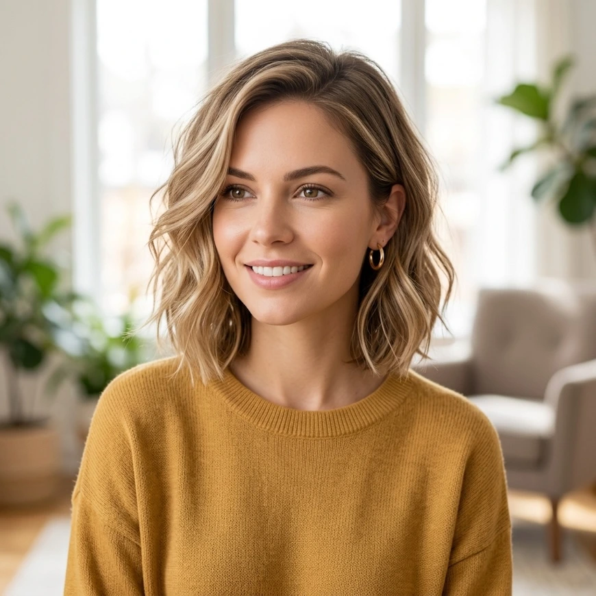 A smiling woman with an oval face shape featuring a chic, shoulder-length textured wavy bob with blonde highlights in a brightly lit indoor room - Hairstyles for oval Face Shape