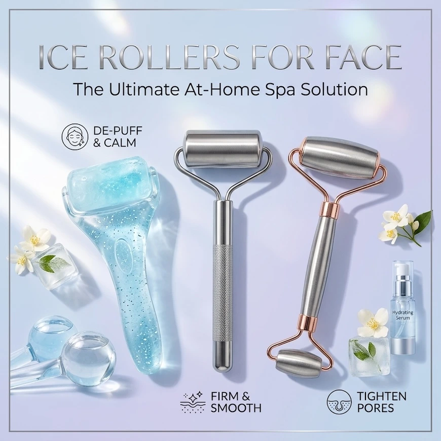 three types of ice rollers for the face—a gel roller, a metal roller, and a dual-ended metal and rose gold roller—arranged with fresh jasmine flowers, ice cubes, a bottle of hydrating serum, and two cold therapy globes.