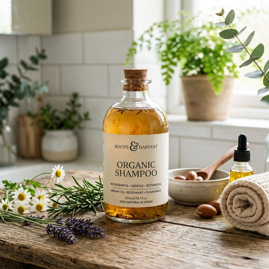Alt Text: A clear glass bottle labeled Roots & Harvest Organic Shampoo on a rustic wooden counter, surrounded by fresh chamomile flowers, lavender sprigs, rosemary, argan nuts, and a small dropper bottle.