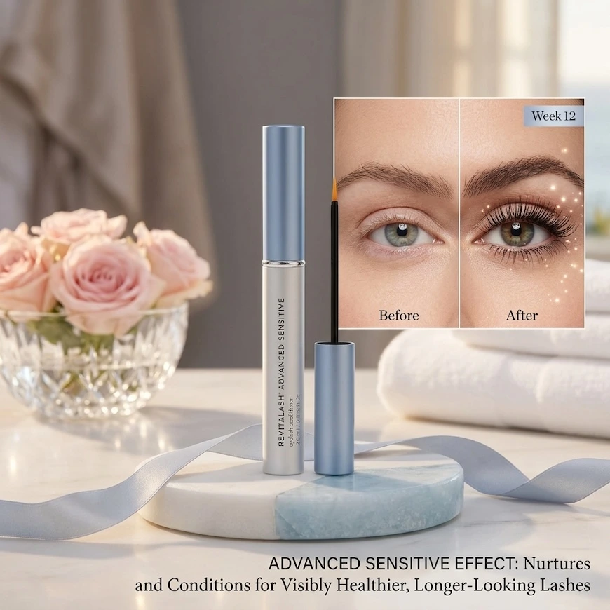 RevitaLash Advanced Sensitive Eyelash Conditioner tube and wand displayed on a marble pedestal next to a Before and After comparison of lash serum showing longer, fuller lashes after 12 weeks.