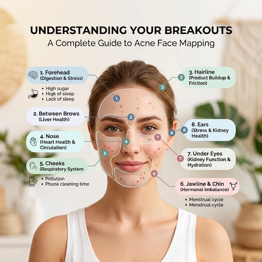 Illustrated face mapping chart explaining breakouts across different facial zones including the forehead, cheeks, hairline, and jawline with corresponding causes.