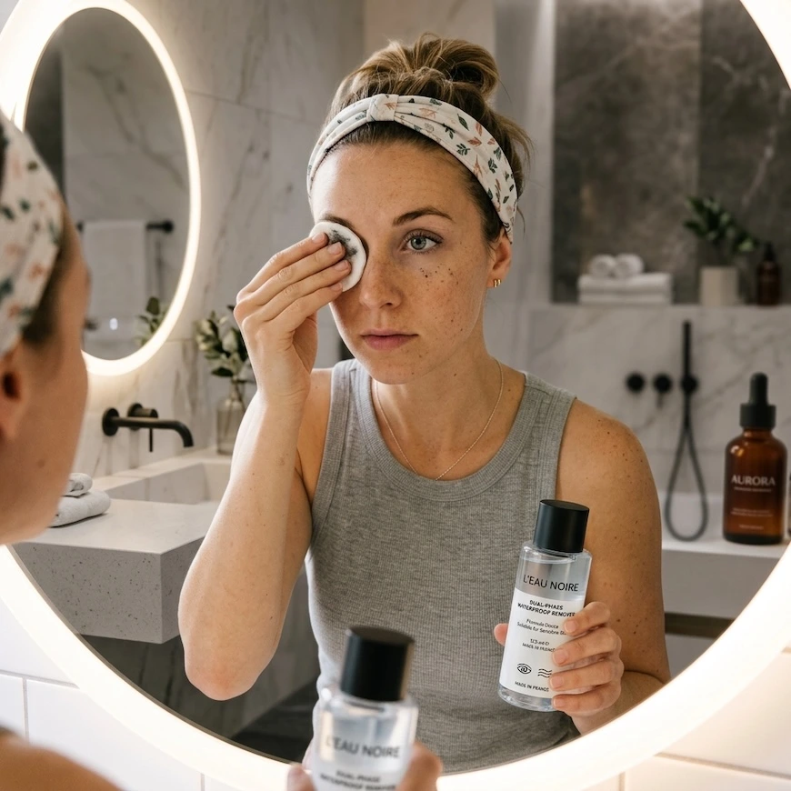A woman uses a cotton pad to gently wipe off with makeup remover - how to remove waterproof mascara