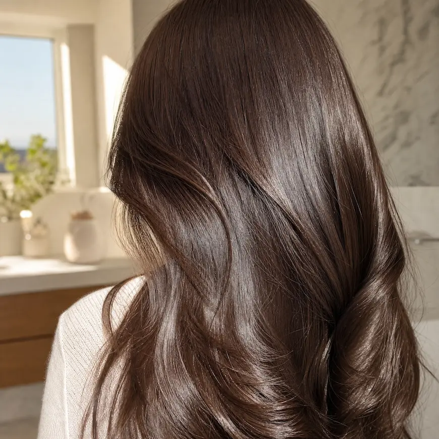 glossy hair in natural daylight, styled to suggest a fresh hair gloss at home treatment.