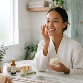 A smiling woman in a white bathrobe applies facial moisturizer in a bright, modern bathroom setting, surrounded by skincare serum bottles, a jade roller, and cosmetic jars on a marble vanity.
