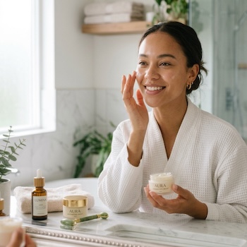 A smiling woman in a white bathrobe applies facial moisturizer in a bright, modern bathroom setting, surrounded by skincare serum bottles, a jade roller, and cosmetic jars on a marble vanity.