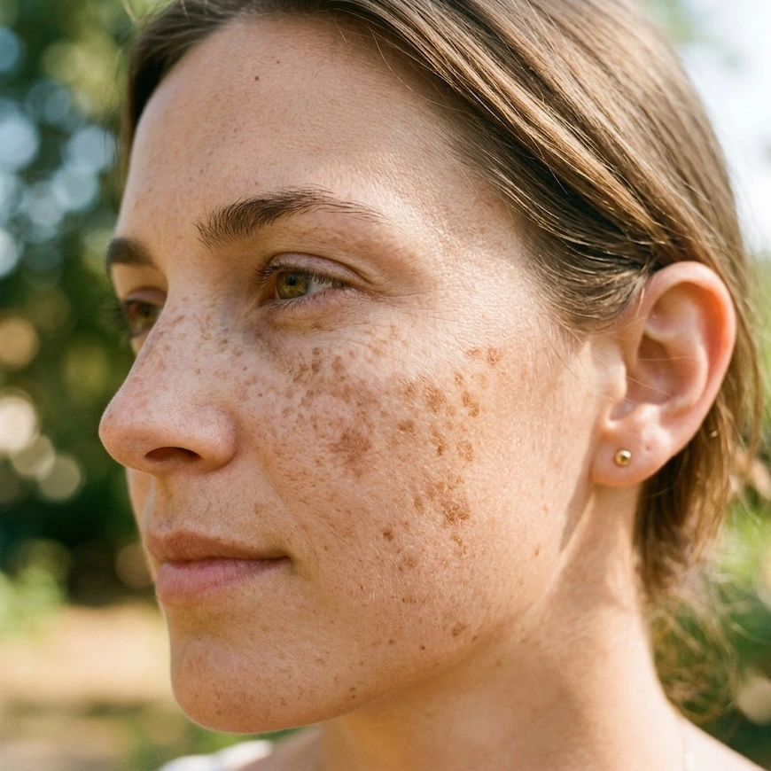 Sun spots on the face in natural daylight