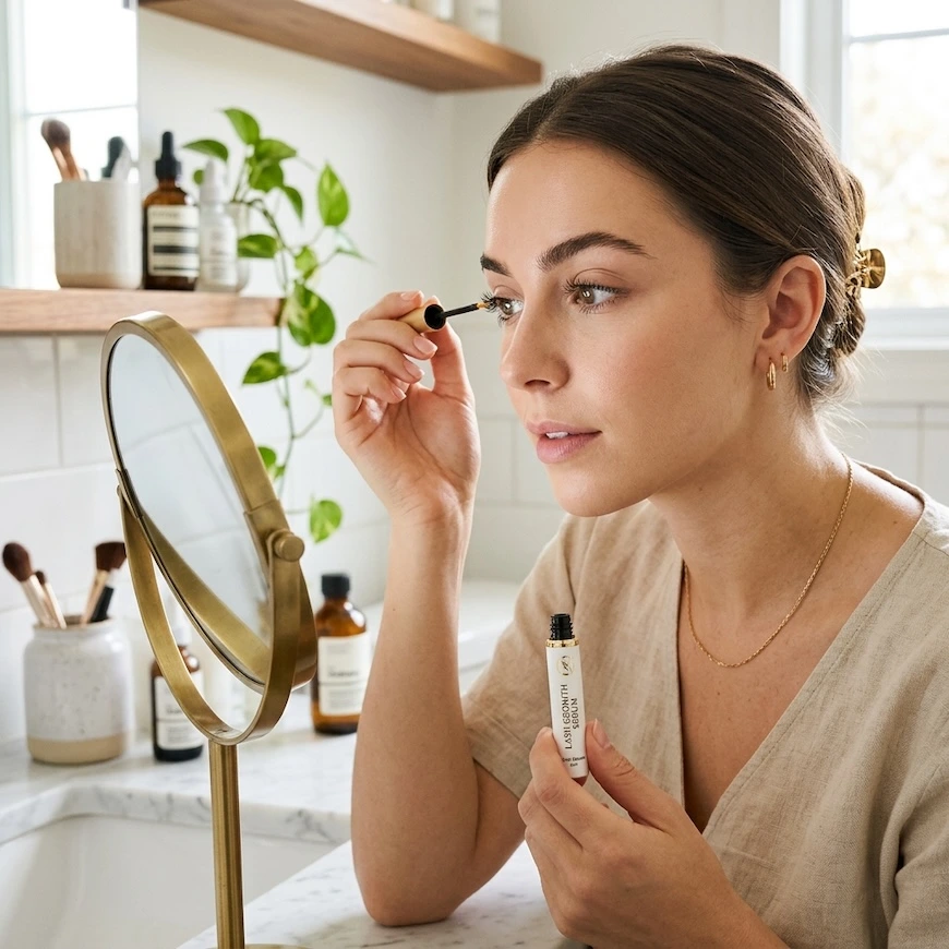 Applying a peptide lash serum without prostaglandin along the upper lash line