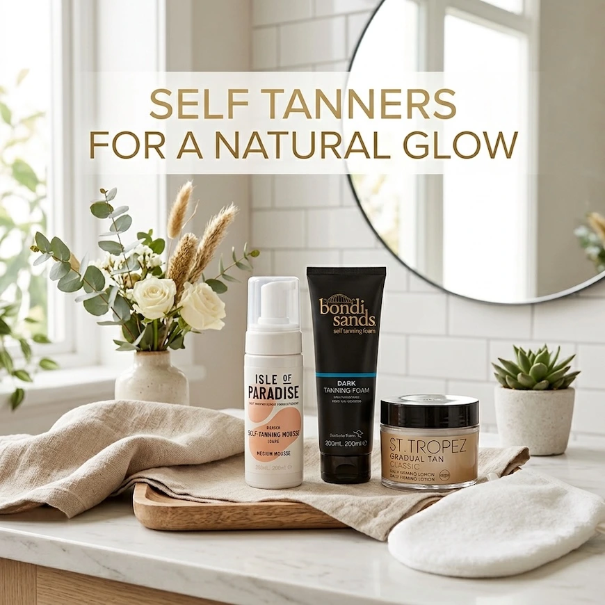 A bright bathroom vanity setup featuring three self tanner products (Isle of Paradise, Bondi Sands, St. Tropez) on a wooden tray, next to a vase with flowers and a white mitt. Text above reads, "SELF TANNERS FOR A NATURAL GLOW".